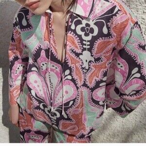 Zara Linen Blend Pink Purple Large Paisley Oversized Art Deco Neck Tie Tunic M